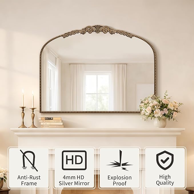 Besdomus Gold Large Arched Mirror: 40"x29" French Baroque Vintage Mirror - Traditional Ornate Antique Mirrors for Wall/Mantel/Bedroom/Entryway/Bathroom/Hallway - Home Decor for Fashion-Conscious