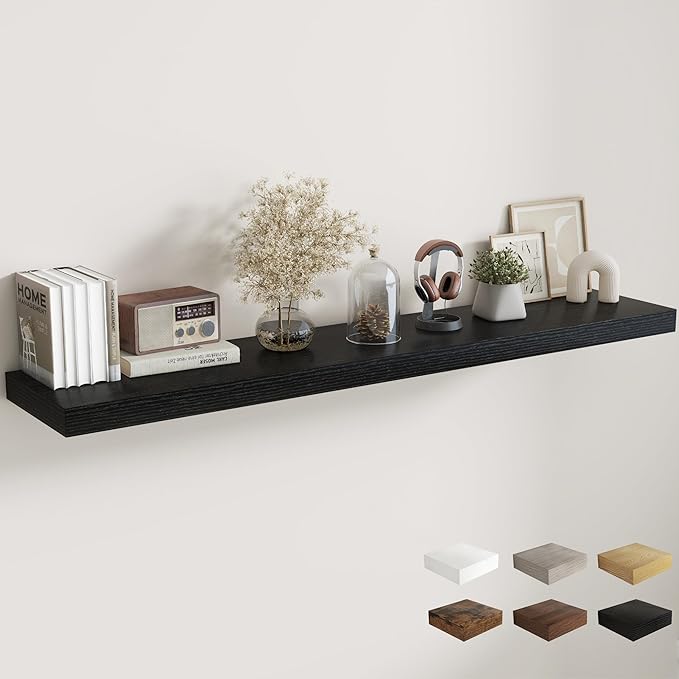 Fun Memories 72 Inch Floating Shelves, 12 Inch Deep Wall Shelf for Fireplace Mantel, Large Display Shelf & Storage Shelf, Wood Floating Wall Shelves for Home & Office, Black, Set of 1