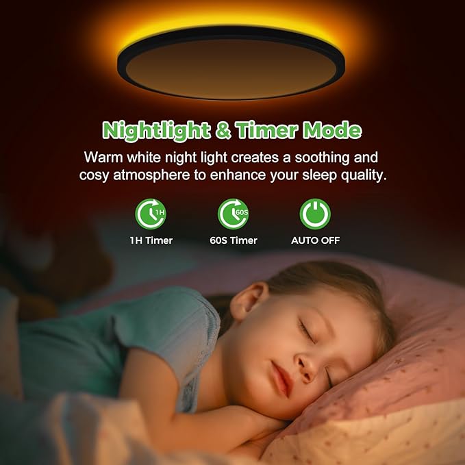 zemty 12 Inch LED Ceiling Light with Night Light 1800K, 2 Pack Dimmable Ceiling Lights with Remote Control, Low Profile for Bedroom, Living Room, Kitchen - Black