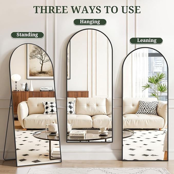 Mirror Full Length 64"x21" Full Body Floor Mirror with Stand, Shatterproof Glass, Aluminum Alloy Frame, Free Standing Wall Mounted or Leaning Arched Mirrors for Bedroom Living Room Entryway