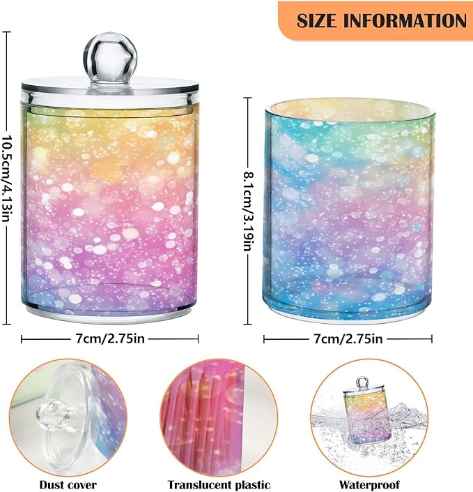 Nander 2Pack Sparkling Rainbow Background Qtip Holder Dispenser -Clear Plastic Apothecary Jars Set - Restroom Bathroom Makeup Organizers Containers for Cotton Swab, Ball, Pads, Floss