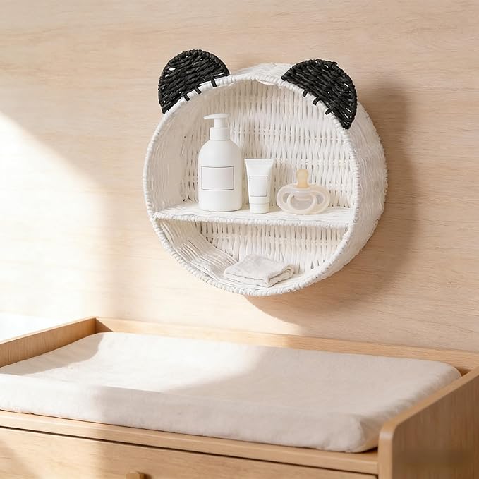 Panda Nursery Decor Wall Shelf, Handwoven Wicker Nursery Shelves for Wall, Wall Mounted Shelf for Small Books, Toys & Decor
