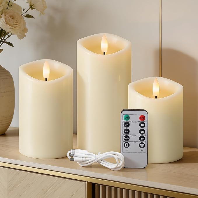 Rechargeable Flickering Flameless Candles Melted Edge Battery Operated with Remote and Timer, Real Wax LED USB Type-C Pillar Candles, Set of 3 (3" x 4",5",6"), Ivory, Home Decor