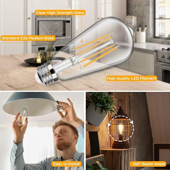 12-Pack Vintage LED Edison Bulbs 100W Equivalent 1400LM High Brightness 8W ST58 LED Filament Light Bulbs 3000K Warm White E26 Medium Base CRI90+ Antique Clear Glass for Home Dinning Room, Non-dimmable
