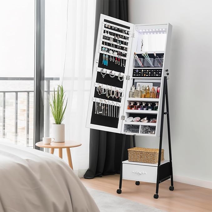 White Floor Standing Mirror Jewelry Full Mirror Armoire Cabinet, Storage Organizer w/LED Light Makeup Mirror for Bedroom Jewelry Boxes & Organizers Standing Jewelry Armoire Jewelry Cabinet 47x42x165CM