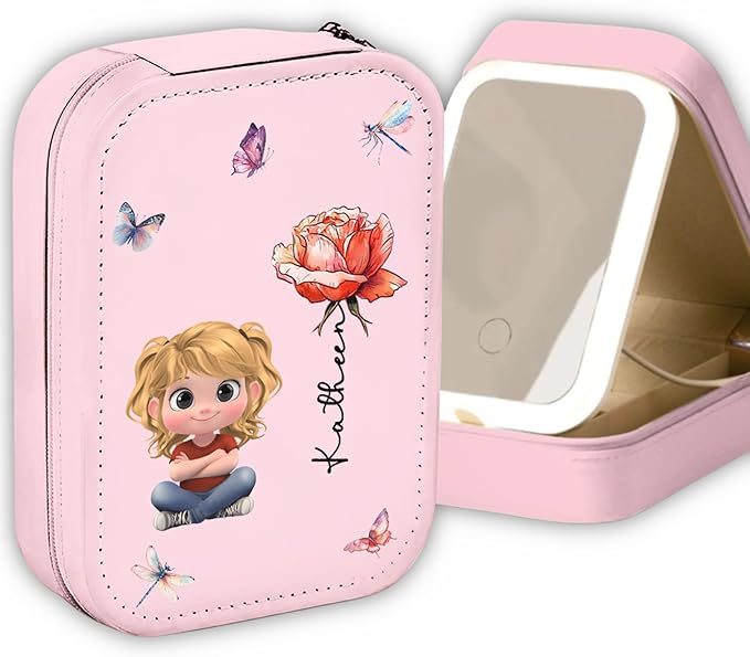 Wrappiness Women & Girls Floral Makeup Box With LED Mirror - Personalized Birthmonth Flower Travel Jewelry Organizer Gift for Daughters Sisters on Birthday Christmas (Blossomed Soul, Toddler Girls)