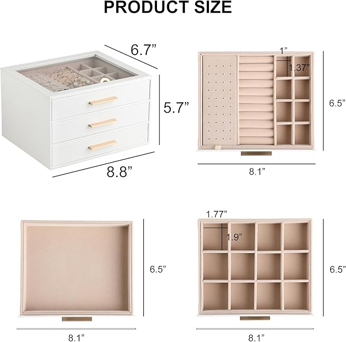 Frebeauty Clear Lid Jewelry Box,3-Layer Jewelry Organizer with Drawer,PU Leather Jewelry Organizers and Storage,Jewelry Boxes for Women,Jewelry Storage for Rings Earring Stud,Gift for Women(White)