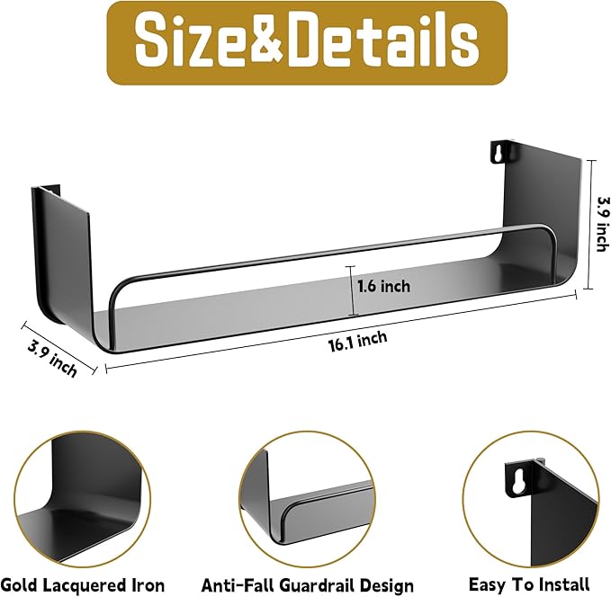 16 Inch Black Floating Shelves Set of 2, Narrow Iron Bathroom Shelves with Guardrail, U-Shaped Wall Mounted Shelf for Home Decor&Organizer, Display Shelf for Bathroom,Kitchen,Bedroom&Any Room