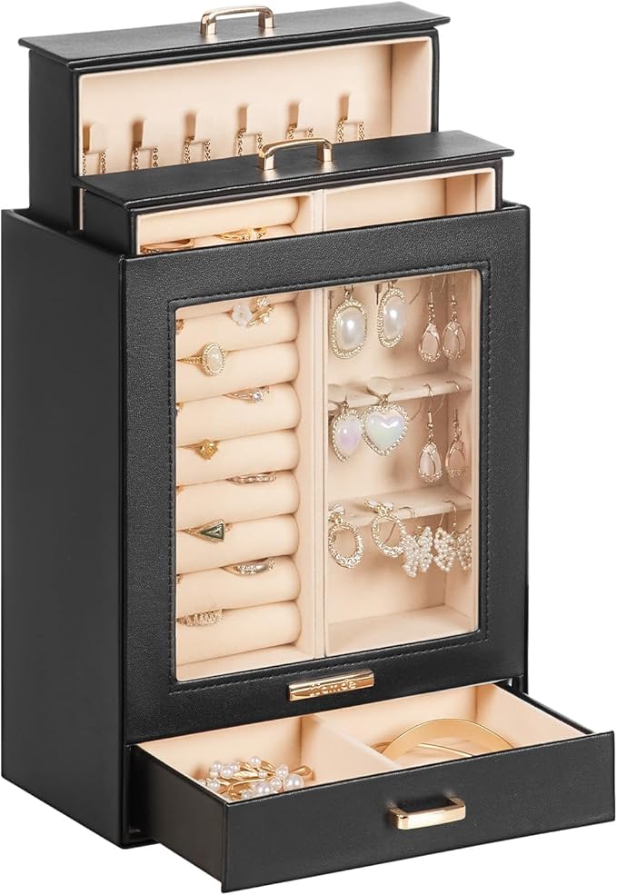 Homde Mothers Day Gifts Jewelry Organizer Girls Women Jewelry Box for Necklaces Rings Earrings Gift Bracelets Storage Case (Black + Gold)
