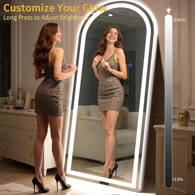 Arch Full Length Standing Mirror with LED Lights, 76"x34" Lighted Mirror with Dimming & 3 Color Lighting, Tall Mirror Full Body for Bedroom, Dressing Room