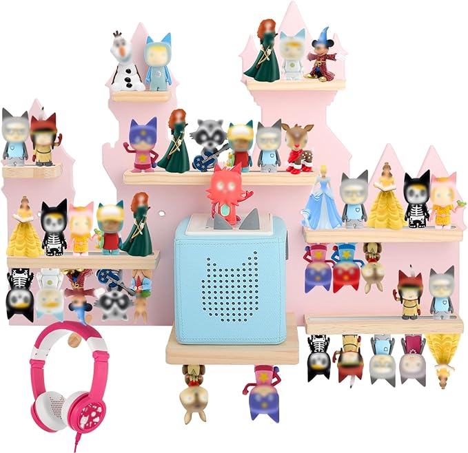 for Toniebox 2 and Toniebox 1 Tonie Shelf Wall Mounted Set,Tonies Figures Tonies Storage,Magnetic Wooden Floating Shelves Compatible with Tonie box Player Character for Children Room (pink-castles)