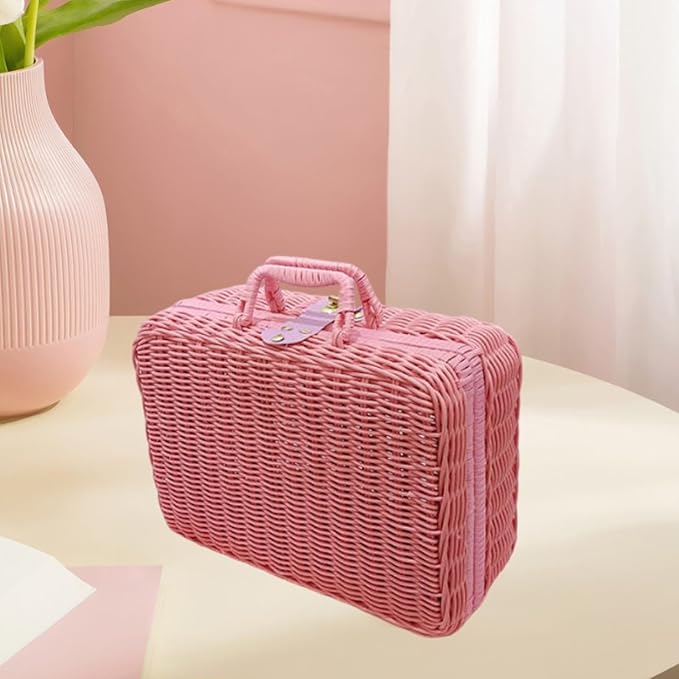 Woven Suitcase Imitation Rattan Storage Basket Portable Photo Prop Makeup Case Picnic Basket for Tabletop Bathroom Household, Pink L