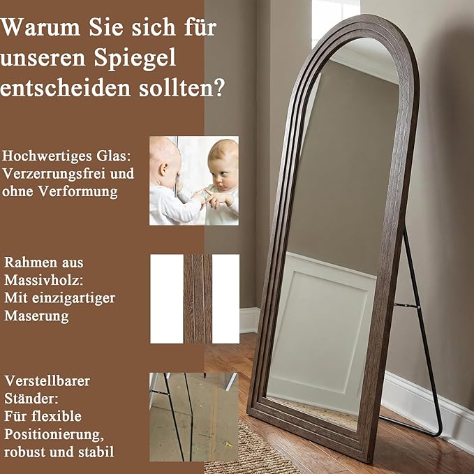 CASSILANDO 71x32 Inch Arched Full Length Mirror with Solid Wood Frame Wall Mounted Floor Mirror, Vertical Hanging Leaning Standing Mirror for Living Room, Bedroom, Entryway, Brown