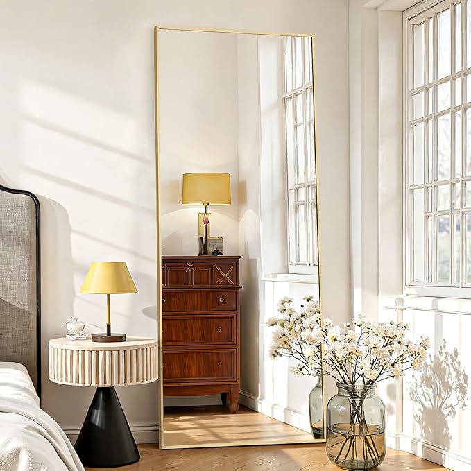 Mirror Full Length 65"x24" Full Body Floor Mirror with Stand, Shatterproof Glass, Aluminum Alloy Frame, Free Standing Wall Mounted or Leaning Rectangle Mirrors for Bedroom Living Room Entryway