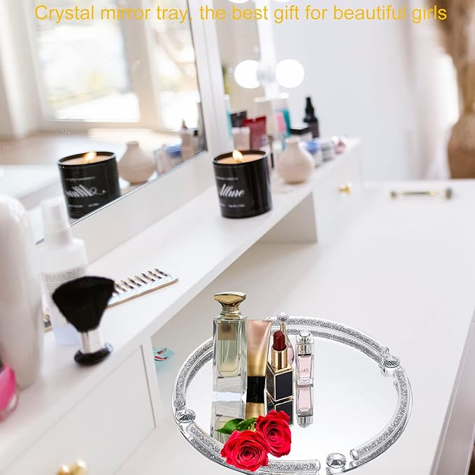 Crystal Dresser Tray, Mirror Glass Makeup Vanity Organizer Filled Crushed Diamond, 10" x 10" Round Jewelry Trinket Perfume Tray for Bathroom Bedroom, Home Decor, Hotel Banquet, Party (Silver)