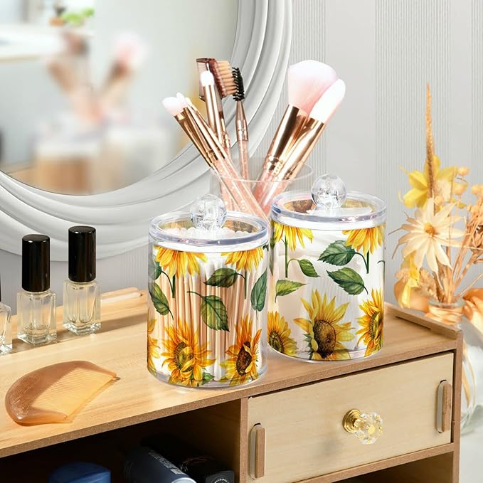 2 Pack Qtip Holder Dispenser for Cotton Ball Yellow Sunflower Cotton Swab Cotton Round Pads Clear Plastic Acrylic Jar Set Bathroom Canister