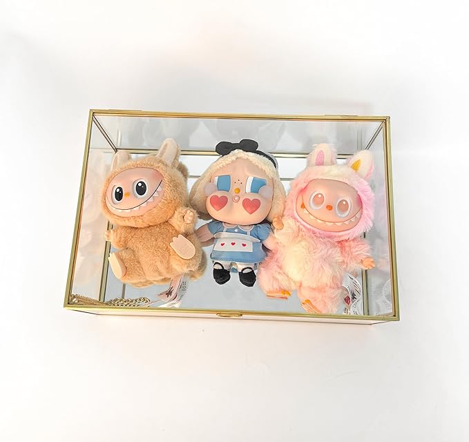 Feyarl Gold Glass Photo Display Box Figures Keepsake Box Jewelry Trinket Rings Earrings Perfume Storage Organizer Display Case Makeup Holder for Home Decor Wedding (10.8 x 7 x 3.9inch)