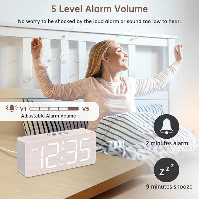DreamSky Wooden Digital Alarm Clock for Bedroom - Desk Clock for Living Room with Large Numbers, Dimmer, Loud Alarm for Heavy Sleepers with Volume Control, DST, Office Wood Decor (Plug in Clock)