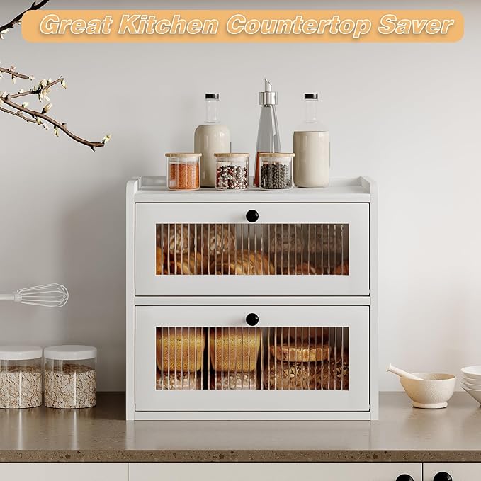 Alpeir Double Layer Large Bread Box for Kitchen Counter, Wooden Corner Bread Storage Container with Acrylic Window, White