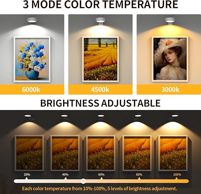 3 Pack Picture Lights for Wall, Rechargeable Battery Operated wall lights, Picture Frame lights with 3 Lighting Modes, Wireless Magnetic Painting Light with Remote Control Timer (White, 3 Pack)
