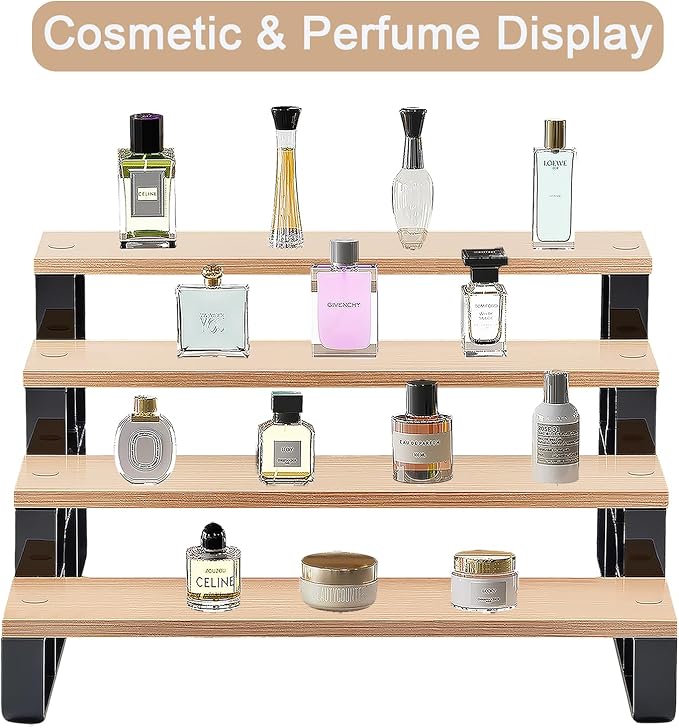 Perfume Organizer for Women,4 Tier Makeup Organizer for Bathroom Decor,Spice Rack for Kitchen,Cologne Stand, Bathroom Countertop Organizers,Display Shelf (Brown,Width=14")