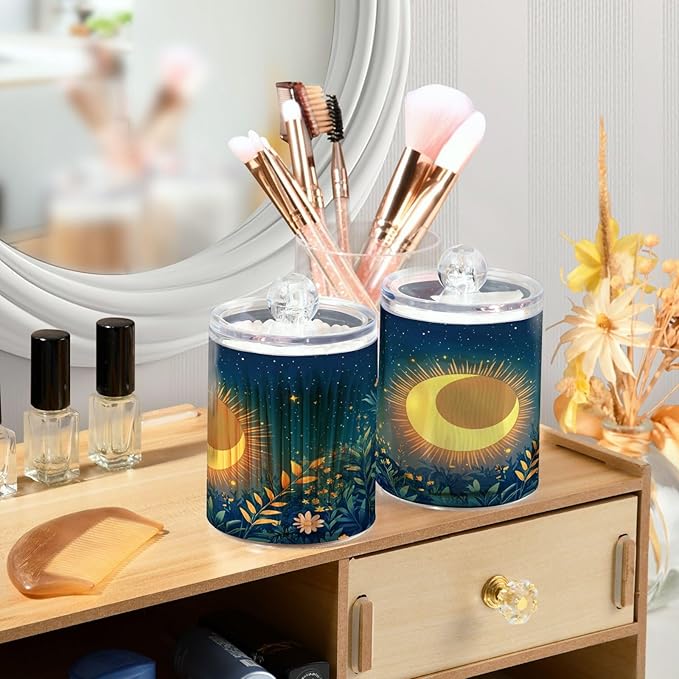 Nander 4Pack Sun and Moon Qtip Holder Dispenser -Clear Plastic Apothecary Jars Set - Restroom Bathroom Makeup Organizers Containers for Cotton Swab, Ball, Pads, Floss
