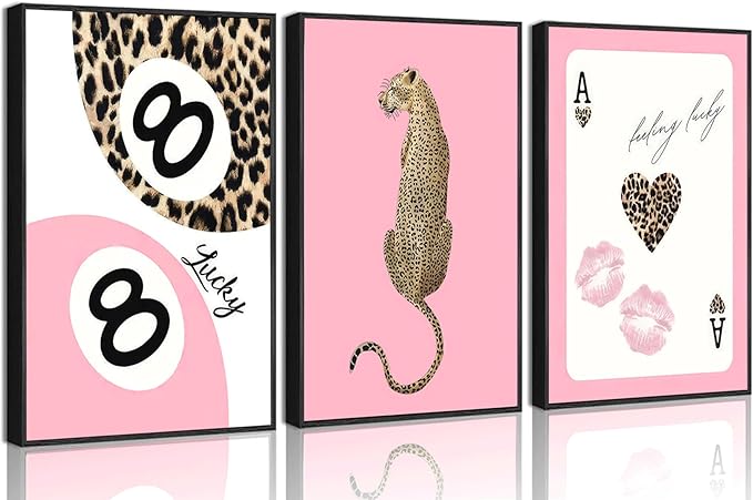 YZLYAD 3Pcs Trendy Pink Leopard Wall Art,Bow Cherry Lips Print Canvas Poster Pictures,Y2k Stylish Preppy Aesthetics Wall Decor for Girls' Rooms Bedroom Dorm Apartment.16x24in Unframed