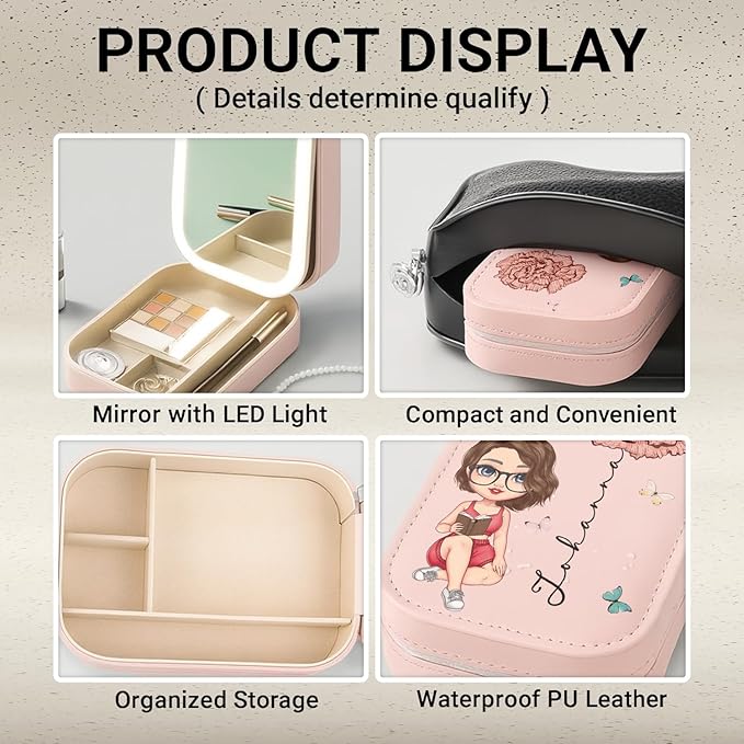 WANDERPRINT Personalized Floral Makeup Box with LED Mirror – Custom Name Birth Month Flower Jewelry Organizer, Travel Cosmetic Case Gift for Women & Girls on Christmas Birthday (Birth Month Girl 2)