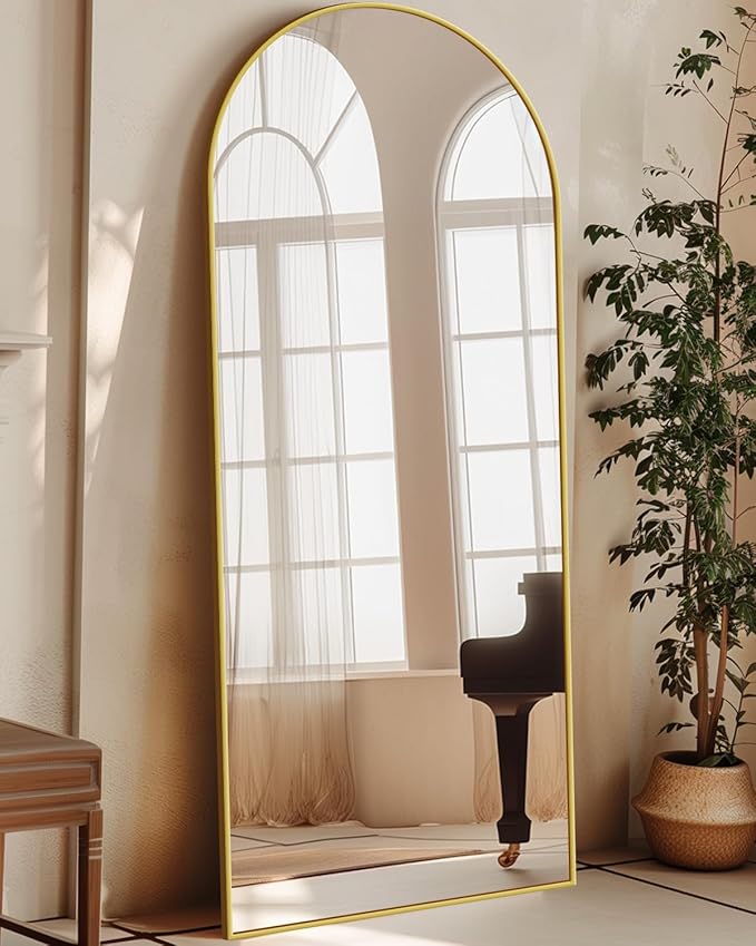Antok Full Length Mirror, 21"x58" Floor Mirror with Stand, Hanging Mounted Mirrors for Bedroom, Living Room, Cloakroom, Dining Room, Gold, Arched