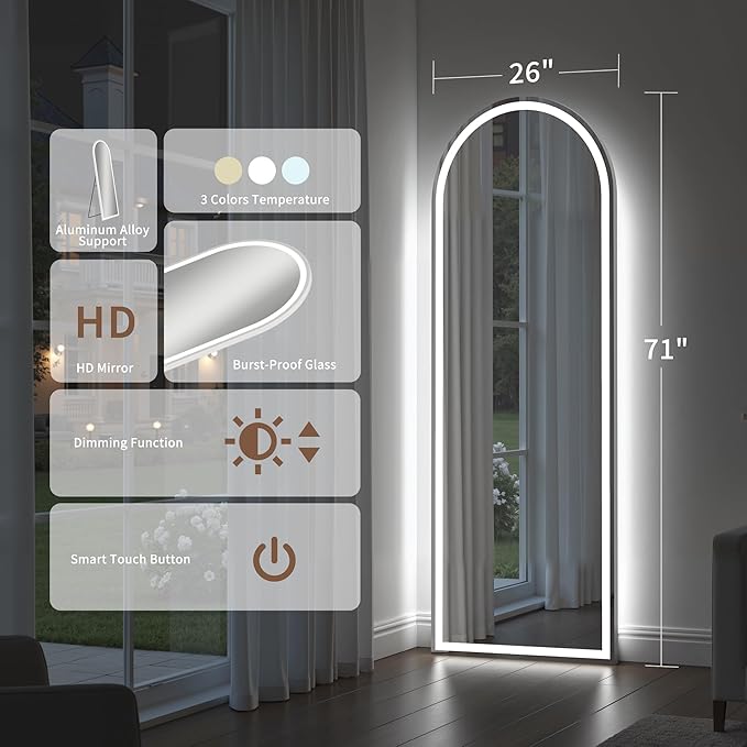 71" x 26" Arched Full Length Mirror with LED Lights, Floor Mirror with Stand, Wall Mirrors Full Length, Body Floor Mirrors, Wall Mounted for Bedroom, Dimmable, Tempered Glass