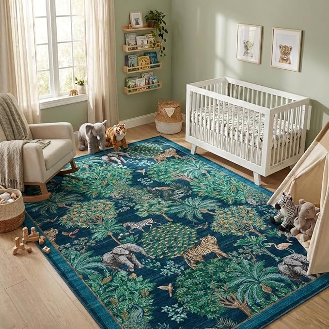 GarveeHome Jungle Animal Print Rug 6x9 Washable Area Rugs for Living Room, Forest Rug Non Slip Low Pile Stain Resistance Large Throw Carpet for Bedroom Dining Room Kids Playroom Nursery, Blue