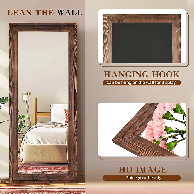 Full Length Mirror 76"x34" Solid Wood Frame Floor Large Mirror for Living Room, Bedroom Hanging or Leaning Wall-Mounted, Brown