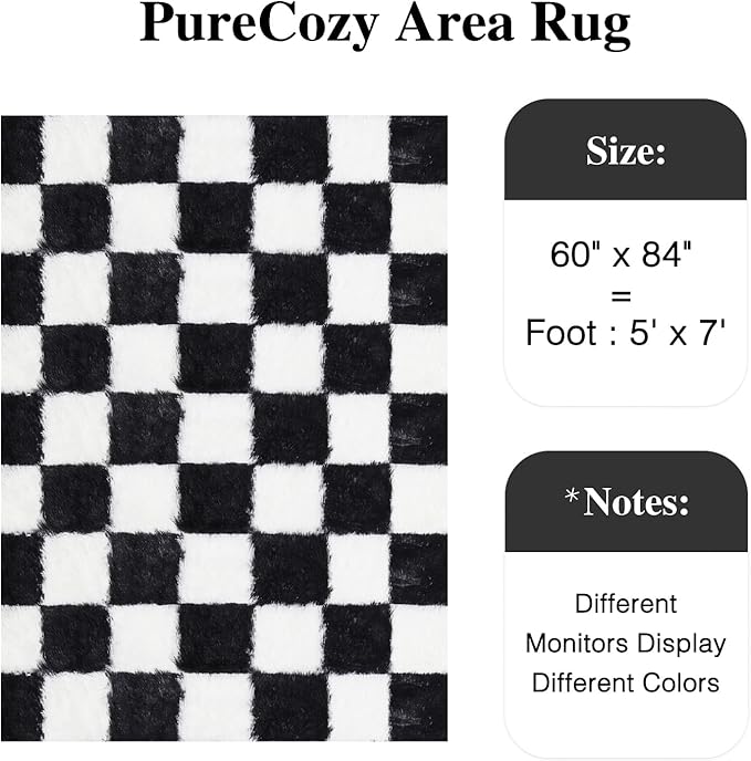 PureCozy Checkered Rug 5x7 for Living Room, Black and White Modern Shag Rugs Super Soft Washable Indoor Office Fuzzy Carpet Non-Slip Fluffy Rugs for Bedroom Home Aesthetic Decor