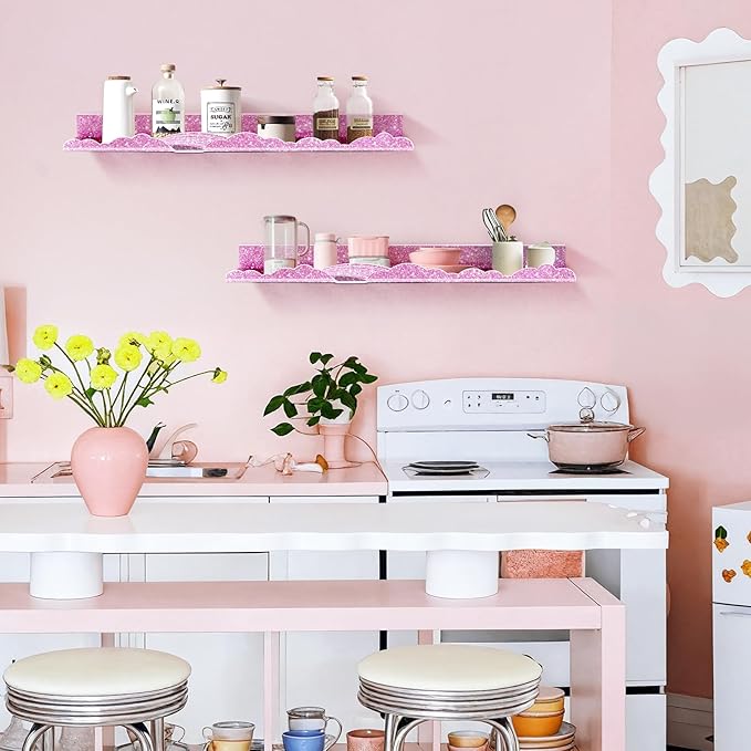 Rainbow Glitter Acrylic Floating Shelves, 23.6" Wall Mounted Nursery Bookshelves, Display Ledge for Books Toys Cosmetic Storage, Bathroom Bedroom Living Room Wall Organizer, 2 Pack, Pink