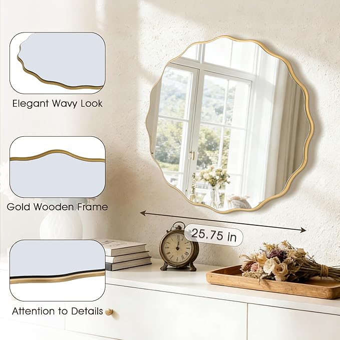 26" Wavy Mirror Scalloped Farmhous Modern Wood Farme Mirror Wall Decor for Bathroom Entryway Living Room Bedroom Hallway