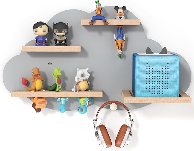 Grey Cloud Tonies Shelf Wall Mounted, Magnetic Floating Shelves with Hook for Toniebox, Tonies Characters & Earphones, Wooden Tonie Storage Shelf for Children Room