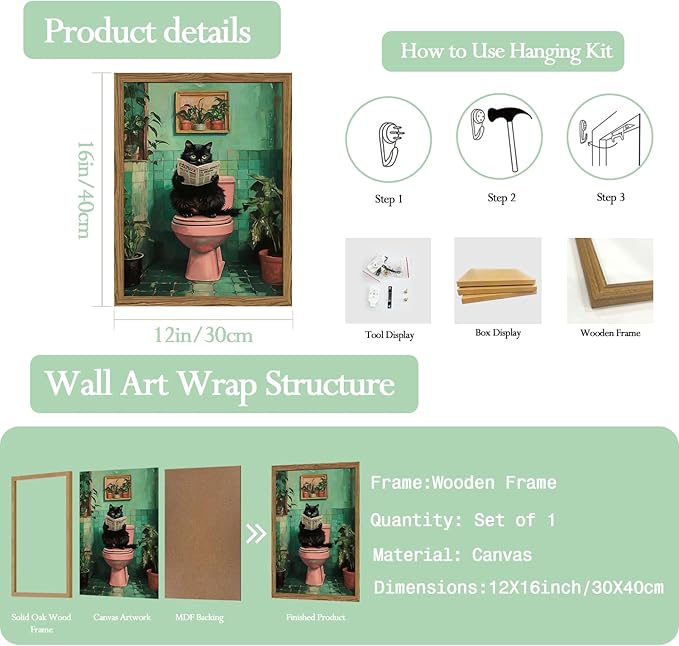 Funny Bathroom Cat Wall Art, Humorous Black Cat Restroom Wall Decor Paintings, Funky Animal on Toilet Reading Newspaper Canvas Prints Artwork 12x16 inch Wood Framed