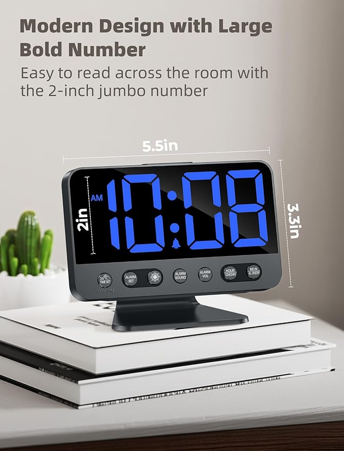 Odokee Digital Alarm Clocks for Bedrooms: Large Bold Number 5 Brightness Dimmer - Easy to Read Across The Room - 5 Alarm Sound 8 Night Light - Black