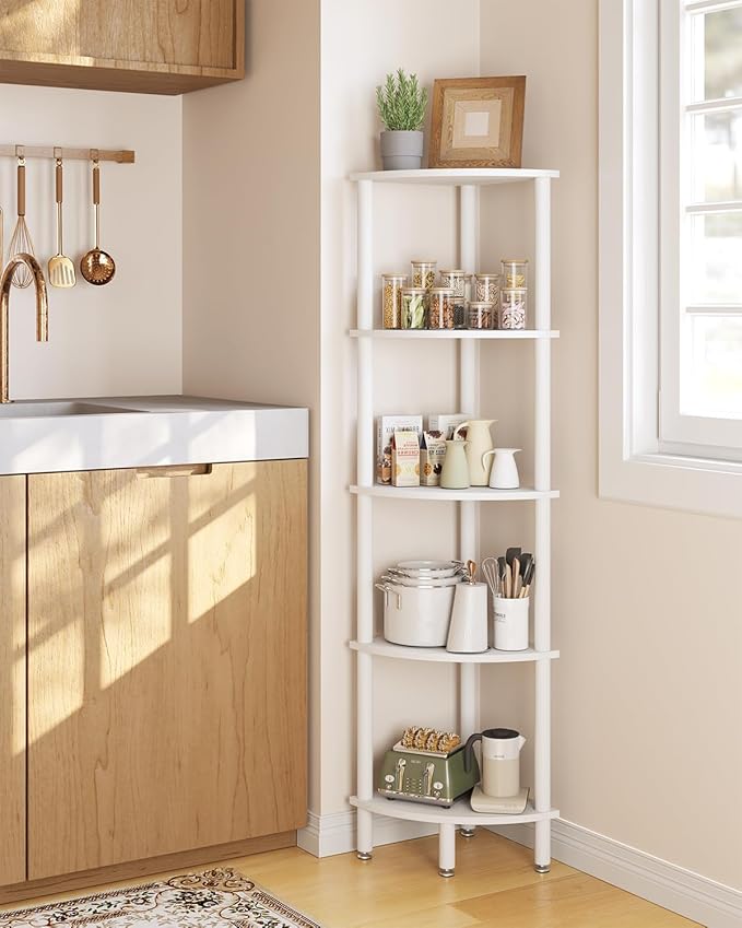 IBUYKE 5 Tier Corner Shelf Stand,Industrial Corner Display Rack,Corner Bookshelf for Living Room, Bedroom, Kitchen, Home Office, White WBC010W