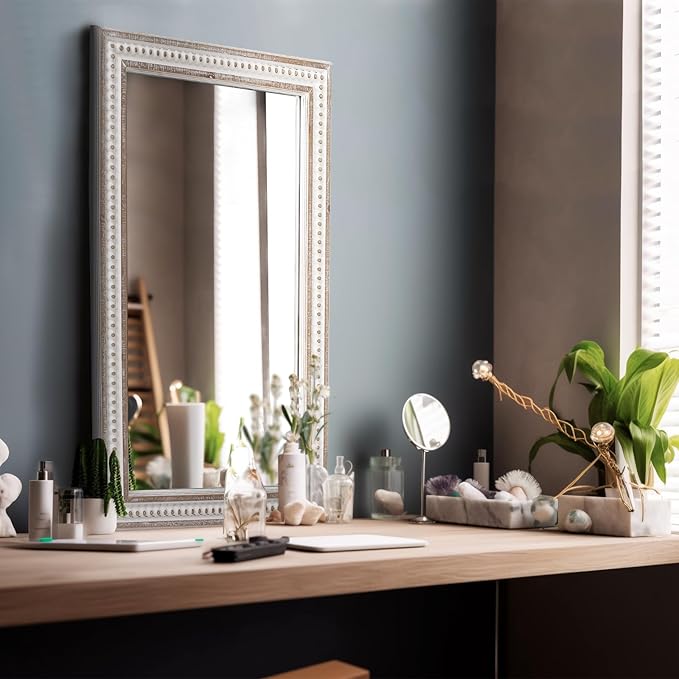 Rectangle Mirror Wooden Bathroom Mirrors - 35x23'' Boho Rectangular Mirrors for Wall Rustic Farmhouse Decorative Mirrors for Bedroom, Living Room, Entryway - Vertical or Horizontal Hanging