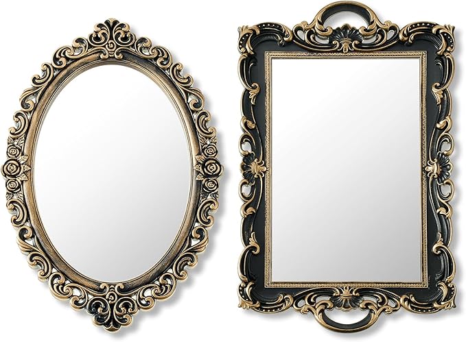 Beeveer 2 Style Vintage Mirrors Set Decorative Oval Wall Mirror Small Antique Mirrored Tray Decorative Hanging Mirror for Bathroom Bedroom Jewelry Organizer Victorian Decor (Square,Antique Gold)