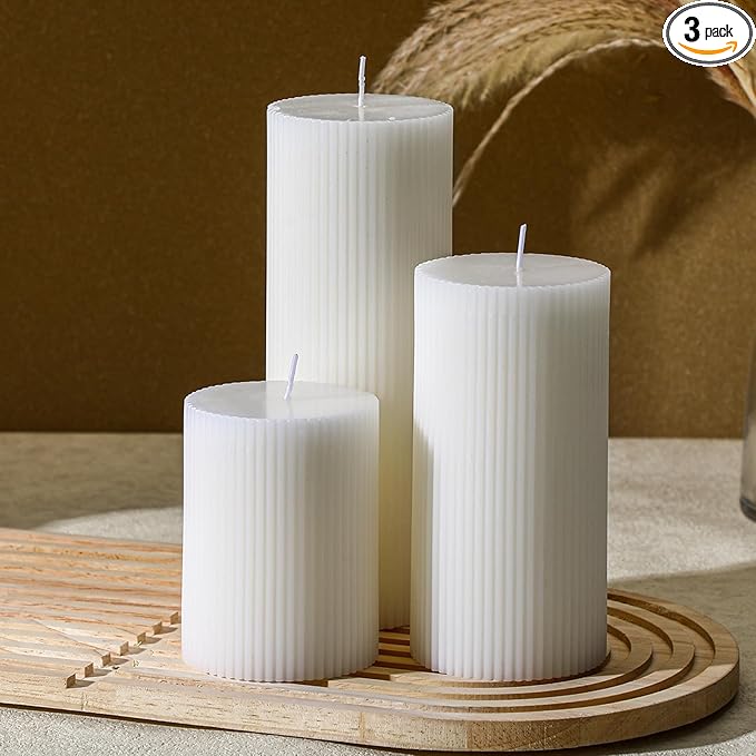 Conelist Ribbed Pillar Candles Set of 3, Width 3" High 4" 6" 8" Large Soy Wax Orchids Scented Pillar Candles Aesthetic Ribbed Modern Home Decor for Bathroom Living Room(White)