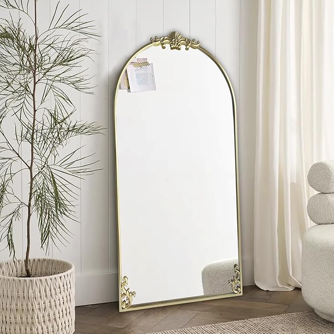 POZINO Gold Arched Mirror, 22"x47" Ornate Carved Mirrors, Vintage Arch Mirror with Metal Frame, Large Elegant Decorative Mirrors for Living Room Mantel Bathroom Bedroom Entryway