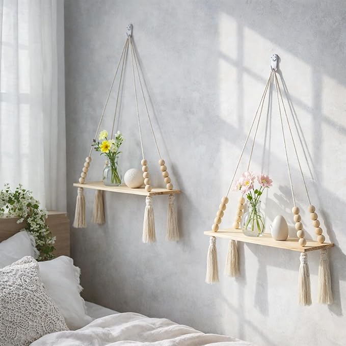Artilady 2 Pack Wooden Wall Hanging Shelves - Macrame Hanging Plant Shelf with Tassel,Boho Storage Floating Shelves Handmade Rustic Hanger Planter Rack Pot Stand Holder