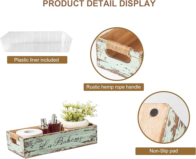 TIMRIS Farmhouse Distressed Wooden Storage Box, Rustic Bathroom Decor Box, Decorative Toilet Tank Basket, Vintage Countertop Organizer Box with Handles (Distressed Green)