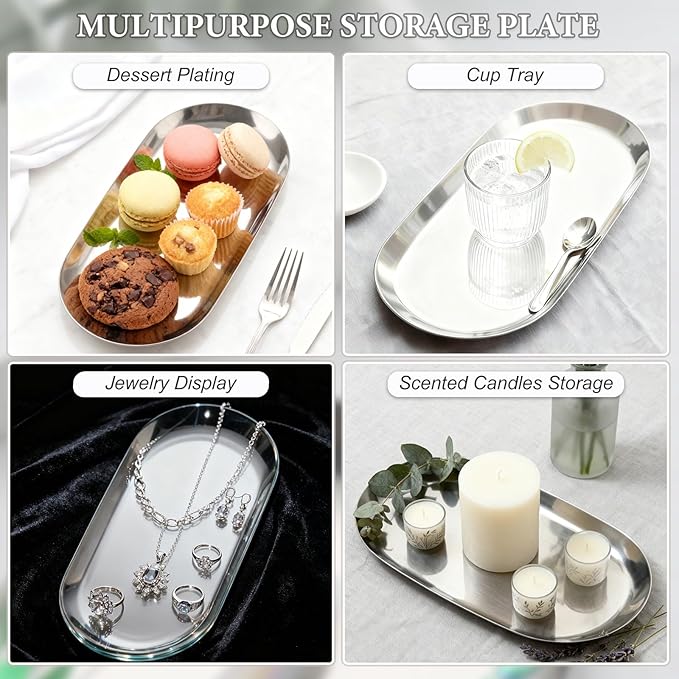 SUTOKAKA 2 Pack Stainless Steel Silver Decorative Tray, Small Oval Perfume Jewelry Candle Dish, Dinner Macarons Dessert Plate for Home Entry Decor Bathroom Kitchen Storage