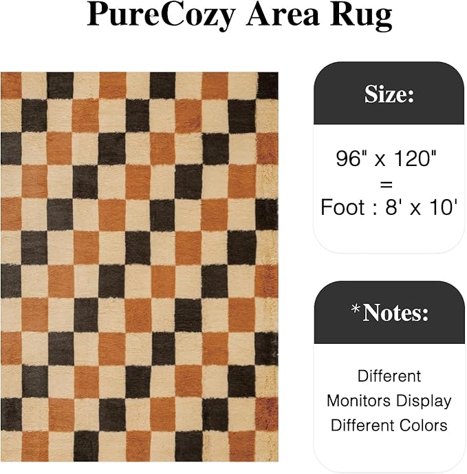 PureCozy Checkered Rug 8x10 for Living Room, Colorful Modern Shag Rug Washable Non-Slip Large Area Rug Super Soft Indoor Fuzzy Carpet Fluffy Rugs for Bedroom Home Aesthetic Decor
