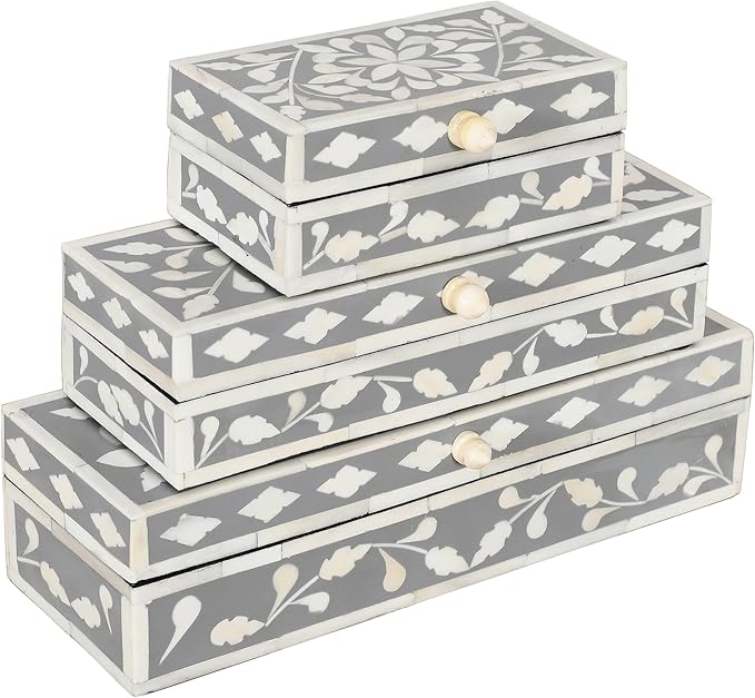 Handcrafted gray & white bone inlay décor jewelry box makeup organizer set of 3 organizer makeup organizer storage wood box