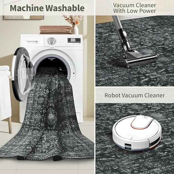 Rugxara 6x9 Area Rugs for Living Room Bedroom, Large Washable Rug, Black Vintage Floral Boho Style, Non Slip & Low Pile Carpet for Indoor Dining Room, Dorm and Kids Room(Black 6x9ft)