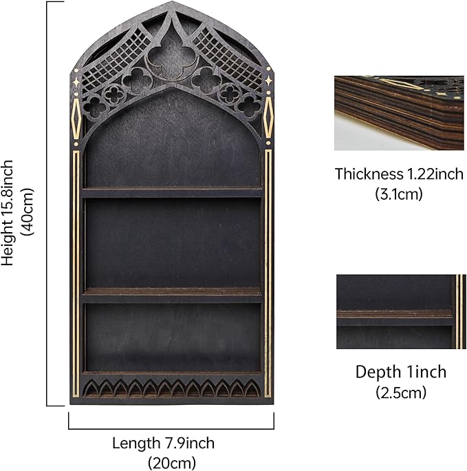Gothic Window Crystal Shelf Display for Wall, Wooden Gem Stone Rock Storage Holder Trinkets Organizer, Wall Mount Stand Case Box for Witch Wiccan Decor, Spiritual Gift for Home Bedroom Living Room